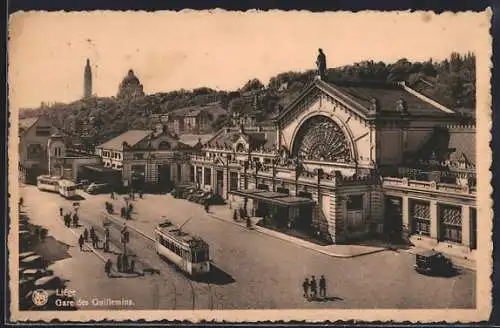 AK Liége, Gare des Guillemins, Strassenbahn vor dem Bahnhof
