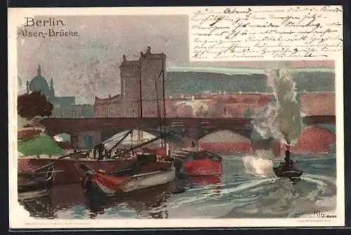 Künstler-AK Heinrich Kley: Berlin, Dampfer, Lastkähne im Hafen, Kran, Dom im Hintergrund
