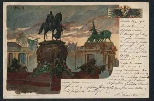 Künstler-AK Heinrich Kley: AK Berlin-Tiergarten, Denkmal und Brandenburger Tor