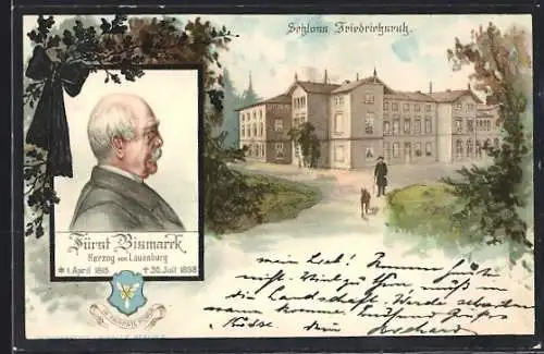 Lithographie Friedrichsruh, Schloss, Porträt Bismarcks mit Lebensdaten