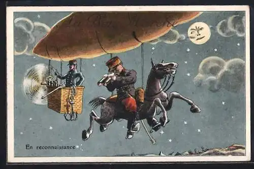 AK Au Bon Marche, französische Soldaten mit Pferd an einem Zeppelin
