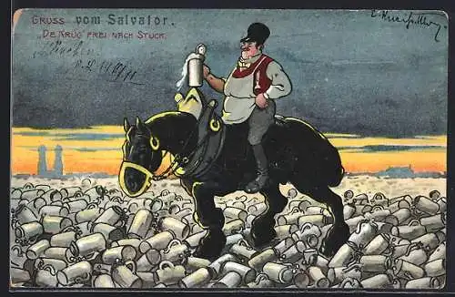 AK Mann auf Pferd reitet über Masskrüge, Trinkerhumor