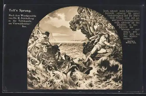 AK Tellskapelle am Vierwaldstättersee, Wandgemälde Tell`s Sprung