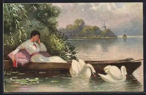 Künstler-AK sign. A. Heleng: Still ruht der See..., Frau schläft im Kanu