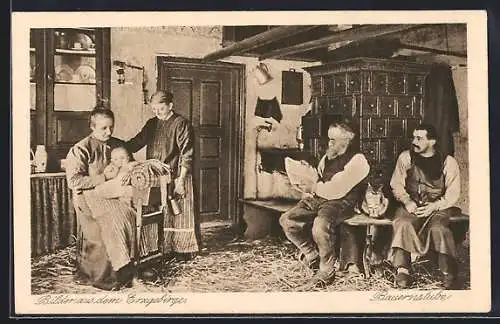 AK Familie in sächsischer Tracht in der Bauernstube