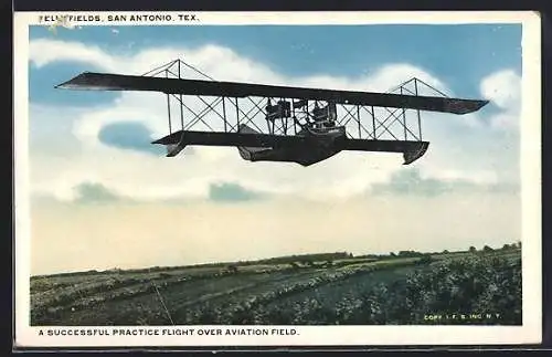 AK San Antonio, Tex., A sucessful Practice Flight over Aviation Field, Wasserflugzeug in der Luft