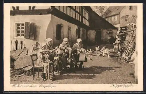 AK Klöppelmädln beim klöppeln im Dorf