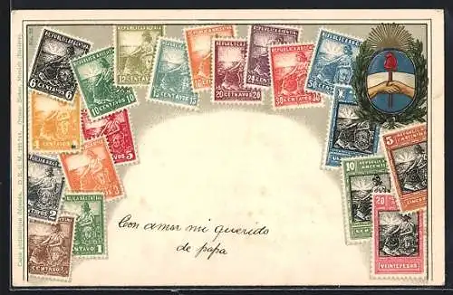 AK argentinische Briefmarken, Kranz mit Handschlagsbild darin, rote Zipfelmütze