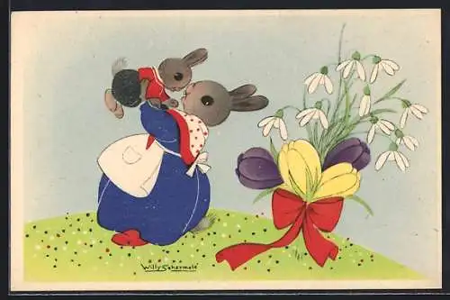 Künstler-AK Willy Schermele: Hasenmutter hebt ihr Kind hoch, Blumen