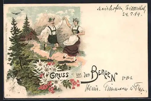 Lithographie Bergsteiger und eine Frau tranzen in den Bergen