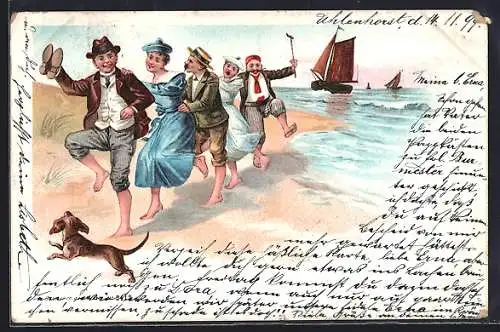 Lithographie Männer und Frauen mit nackten Füssen in Bademode am Strand mit Dackel im Vordergrund