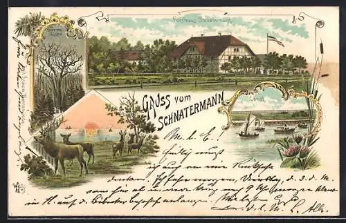 Lithographie Bentwisch, Gasthof Schnatermann mit Kanal und Borwins-Eiche