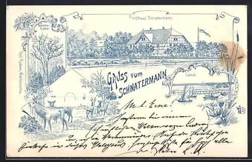 Lithographie Bentwisch, Gasthof Schnatermann mit Borwins-Eiche und Kanal
