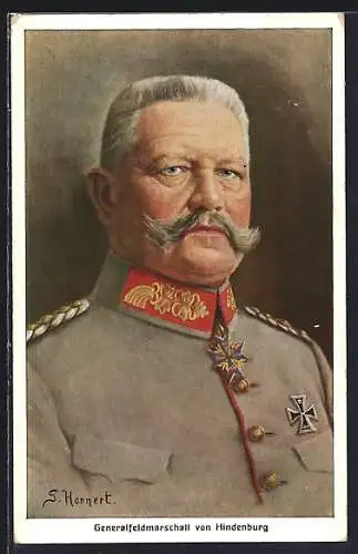 Künstler-AK Generalfeldmarschall Paul von Hindenburg in Uniform mit Pour le Merite und EK