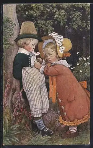 Künstler-AK Susan Beatrice Pearse: Mädchen steckt einem Jungen eine Blume ins Knopfloch