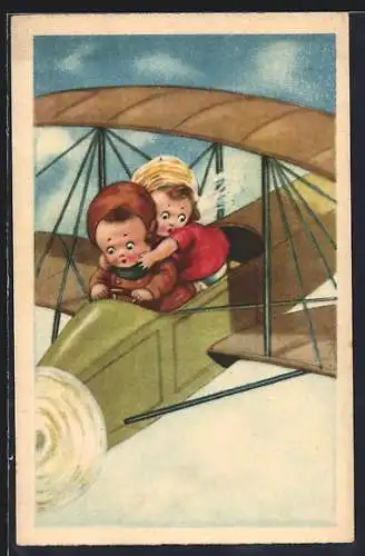 Künstler-AK Kleinkinder mit einem Doppeldecker-Flugzeug im Sturzflug