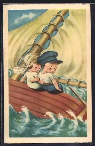 AK Kinderpaar auf schaukelndem Segelboot, Segelsport