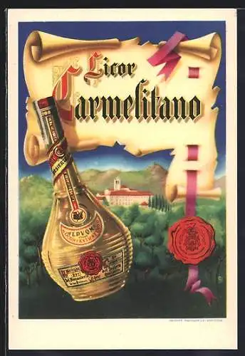 Künstler-AK Reklame für Likör Carmelitano, Likörflasche und Schloss