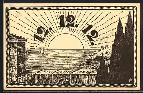 Künstler-AK Besonderes Datum 12.12.1912, Über dem Meer aufgehende Sonne