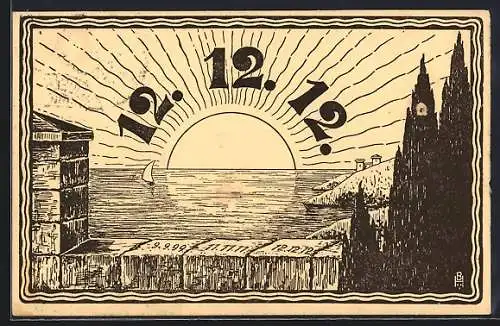 Künstler-AK Besonderes Datum 12.12.1912, Über dem Meer aufgehende Sonne