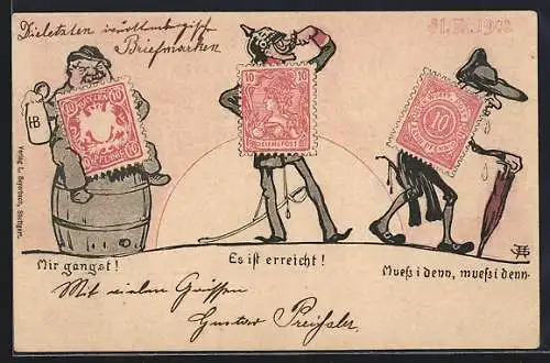 AK Briefmarken, Mir gangst! Es ist erreicht! Muss i denn, muss i denn!