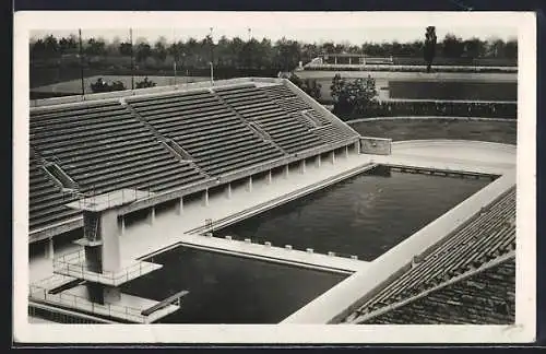 AK Berlin, Olympia, Reichssportfeld, Blick von der Deutschen Kampfbahn auf das Schwimmstadion