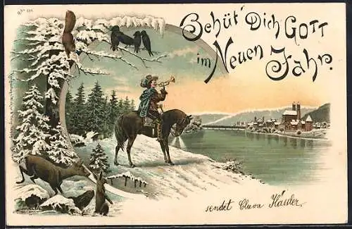 Lithographie Behüt` Dich Gott im Neuen Jahr, Trompeter von Säckingen im Schnee