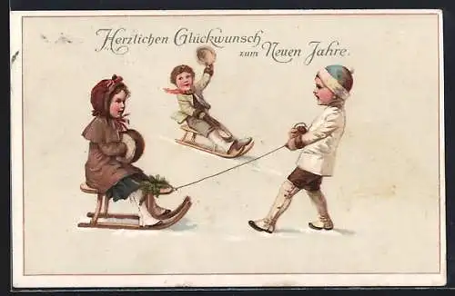 AK Drei Kinder mit Schlitten im Winter, Neujahrsgruss