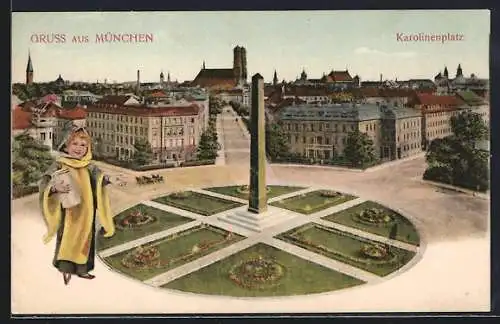 AK München, Karolinenplatz und das Münchner Kindl