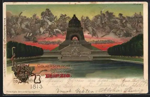 Künstler-AK Bruno Bürger & Ottillie Nr. 2152: Leipzig, Völkerschlachtdenkmal im Abendrot, Schlachtszene