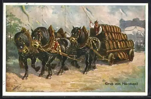 Künstler-AK München, Pferdewagen mit Bierfässern