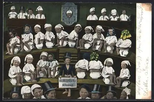 Künstler-AK viele Kinder auf Nachttopf sitzend im Parlament, Öffentliche Sitzung