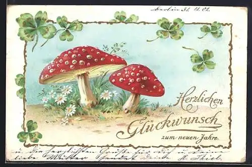 Lithographie Neujahrsgruss, Klee und Fliegenpilze