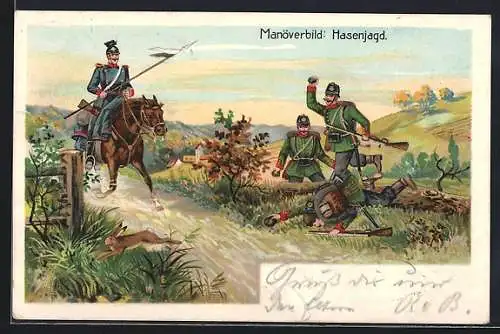 Lithographie Soldaten bei der Hasenjagd, Kaisermanöver