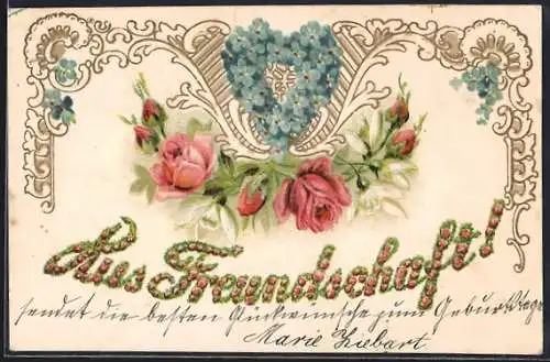 AK Aus Freundschaft! - Blumenbild mit Rosen und Herz aus Vergissmeinnicht