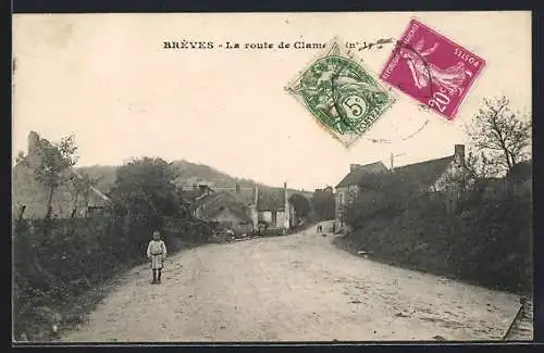 AK Brèves, La route de Clamecy avec enfant sur le chemin