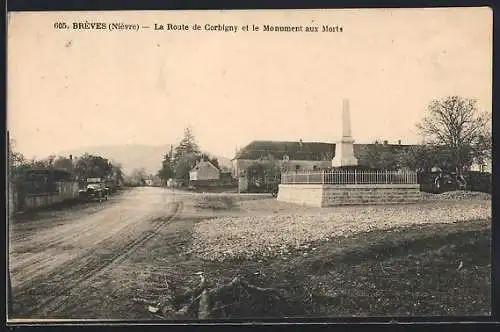AK Brèves, La Route de Corbigny et le Monument aux Morts