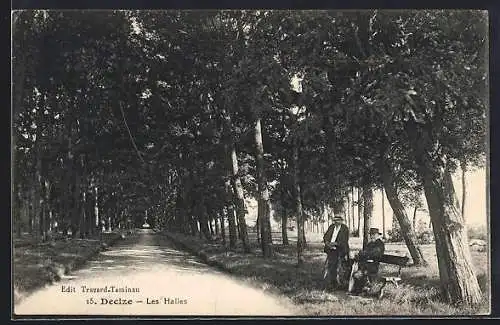 AK Decize, Les Halles avec allée bordée d`arbres et personnages assis sur un banc