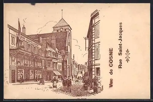 AK Cosne, Rue Saint-Jacques avec la Grande Chapellerie et passants