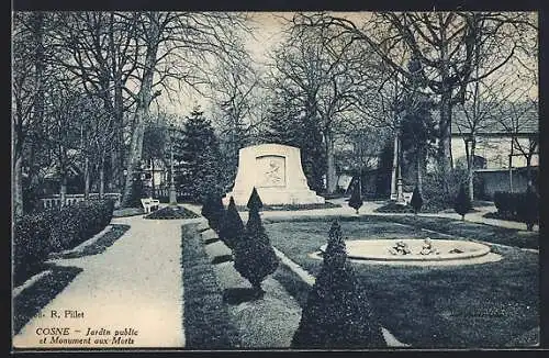 AK Cosne, Jardin public et Monument aux Morts
