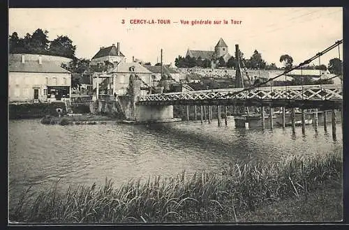 AK Cercy-la-Tour, Vue générale sur la tour et le pont sur la rivière