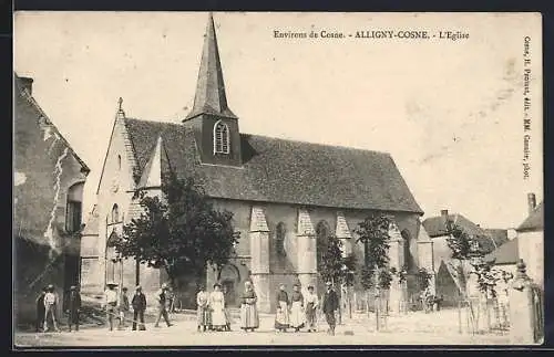 AK Alligny-Cosne, L`Église et habitants devant l`édifice