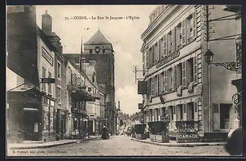 AK Cosne, La Rue St-Jacques et L`Église avec commerces et garage