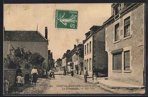 AK Corvol-l`Orgueilleux, La Grande Rue animée avec habitants et bâtiments