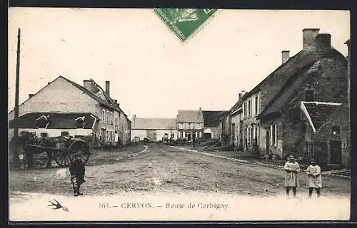 AK Cervon, Route de Corbigny avec enfants et charrette sur la route
