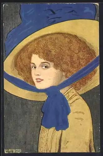 Künstler-AK sign. H. Rewald: Junge Frau mit rotem Haar und grossem Hut