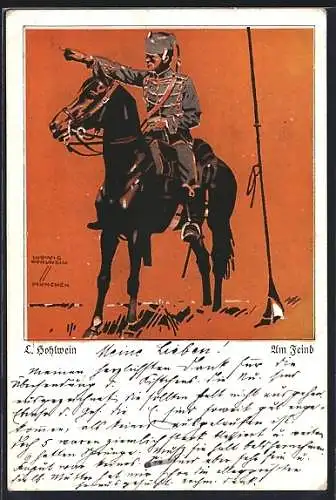 Künstler-AK Ludwig Hohlwein: Husar zu Pferd, Am Feind