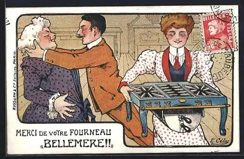 Künstler-AK Paar bekommt einen Herd geschenkt