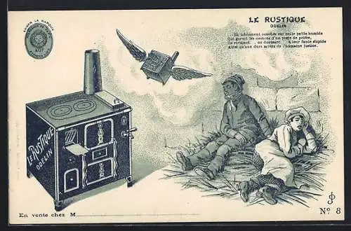 AK Reklame für den Ofen Le Rustique Odelin, schlafende Köche träumen von einem fliegenden Ofen