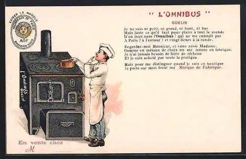 Lithographie L`Omnibus, Odelin, Reklame, Koch am Ofen